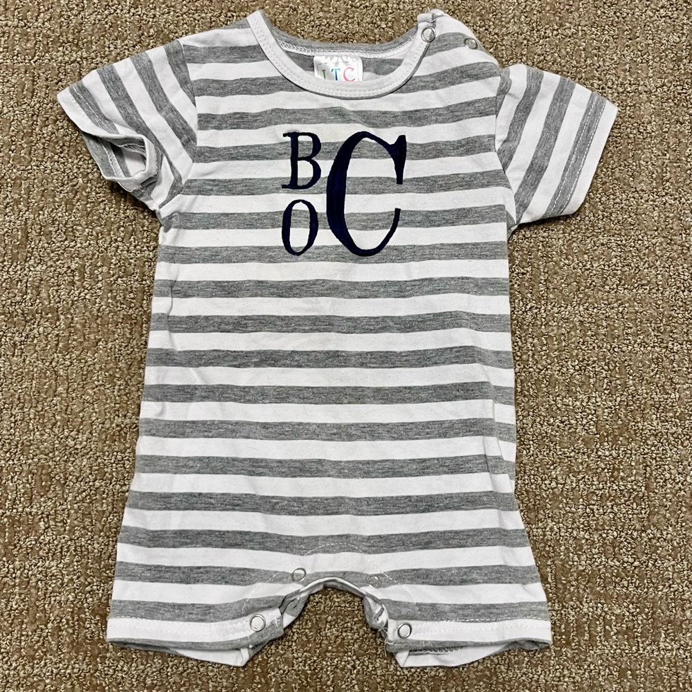 Monogrammed Gray and White Stripes Romper Shortall Embroidered Monogram